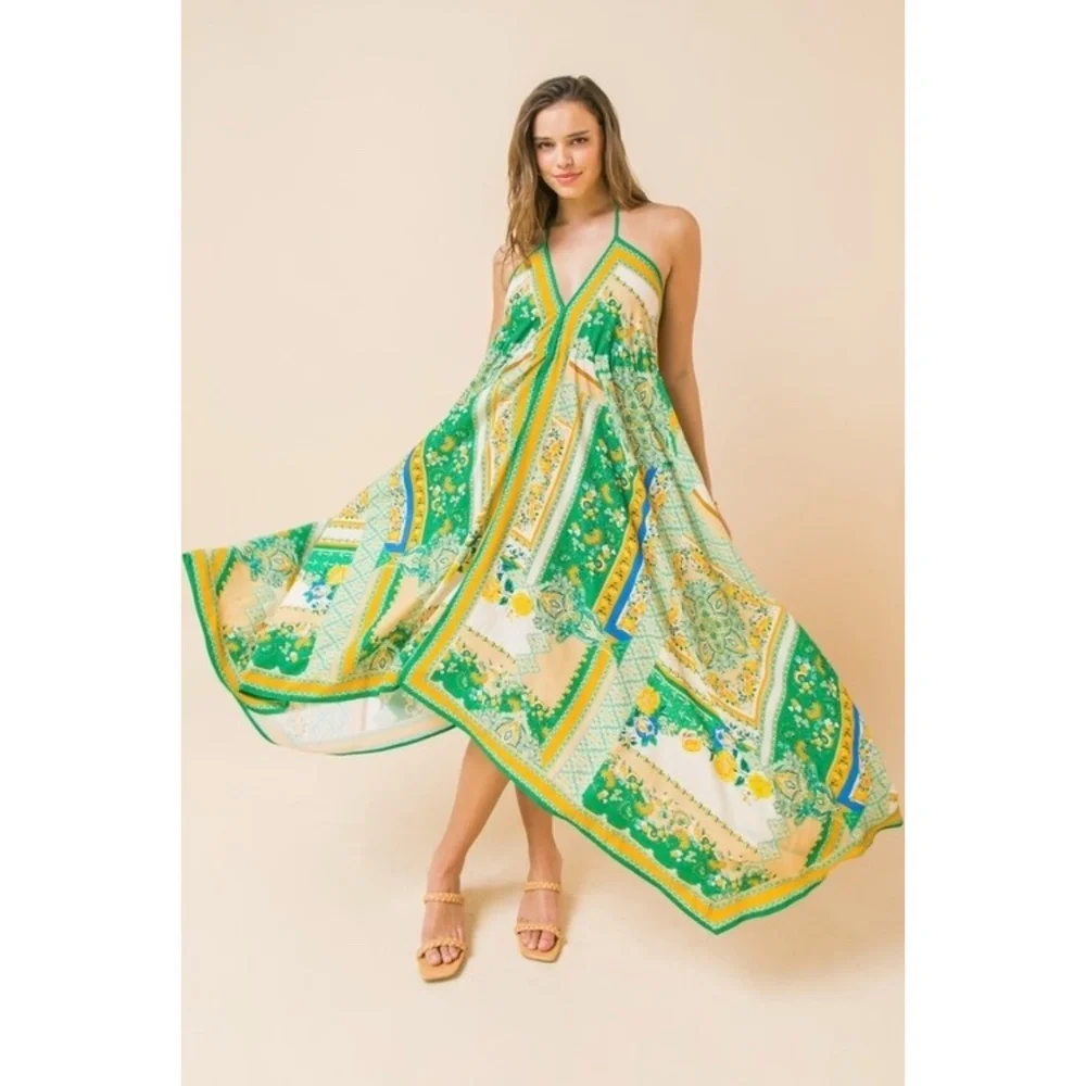 Flying Tomato Green & Ivory Patchwork Print Hanky Hem Halter Dress - Picture 5 of 9